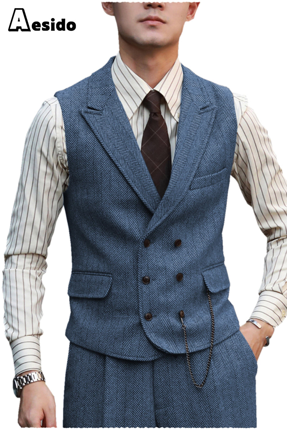 2 Pieces Double Breasted Peak Lapel Waistcoat Vest Pants Aesido