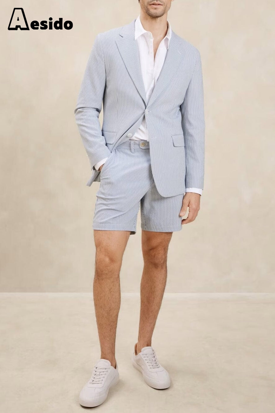 2024 Neuer Sommer Seersucker Casual Herrenanzug Blazer Shorts