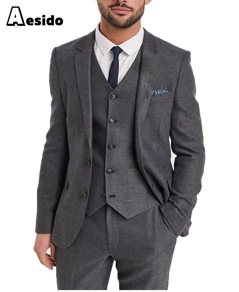 3 Pieces Mens Suit Herringbone Notch Lapel Blazer For Wedding