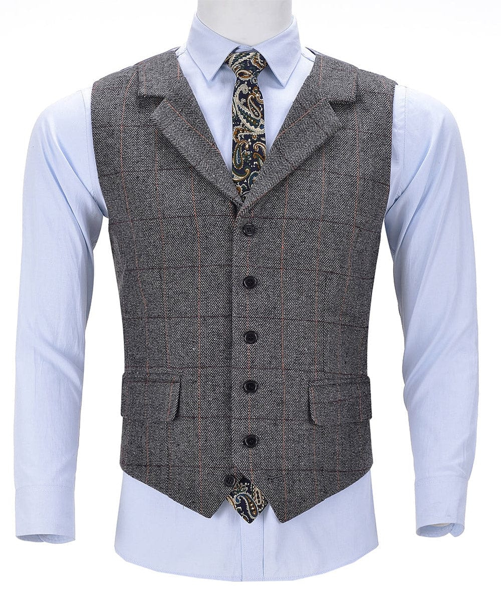 Grey Casual Men s Suit Vest Plaid Notch Lapel Waistcoat