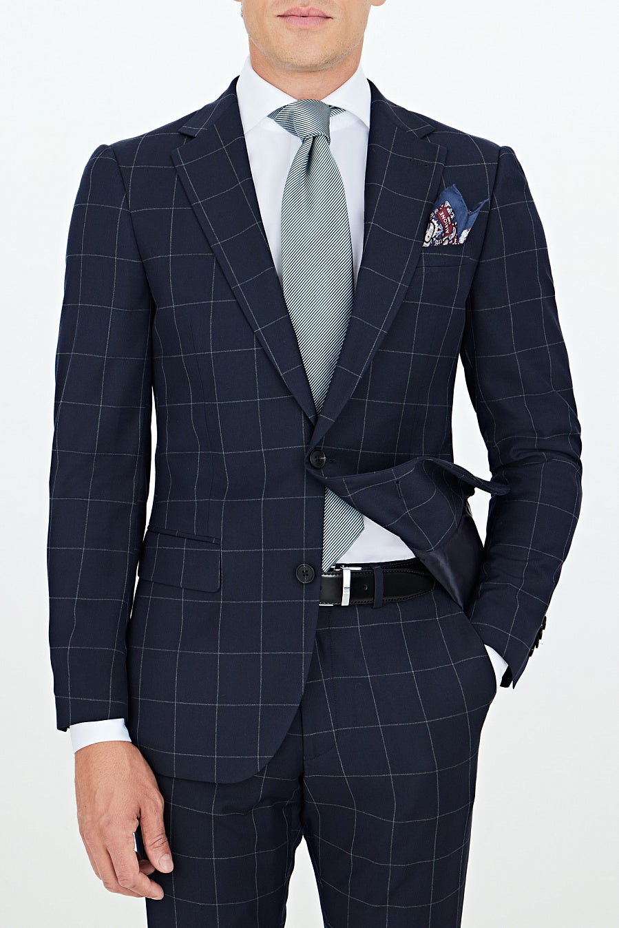 2 Piece Navy Blue Business Casual Notch Lapel Plaid Men Suit (Blazer+Pants）