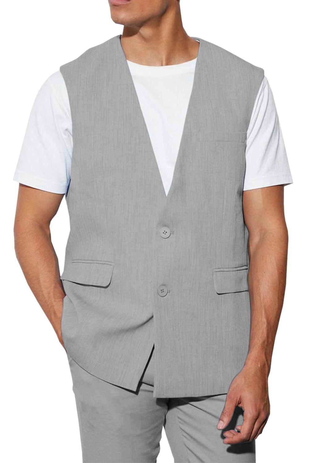 aesido 2 Piece Casual V Neck Double Button Vests (Vest+Pants)