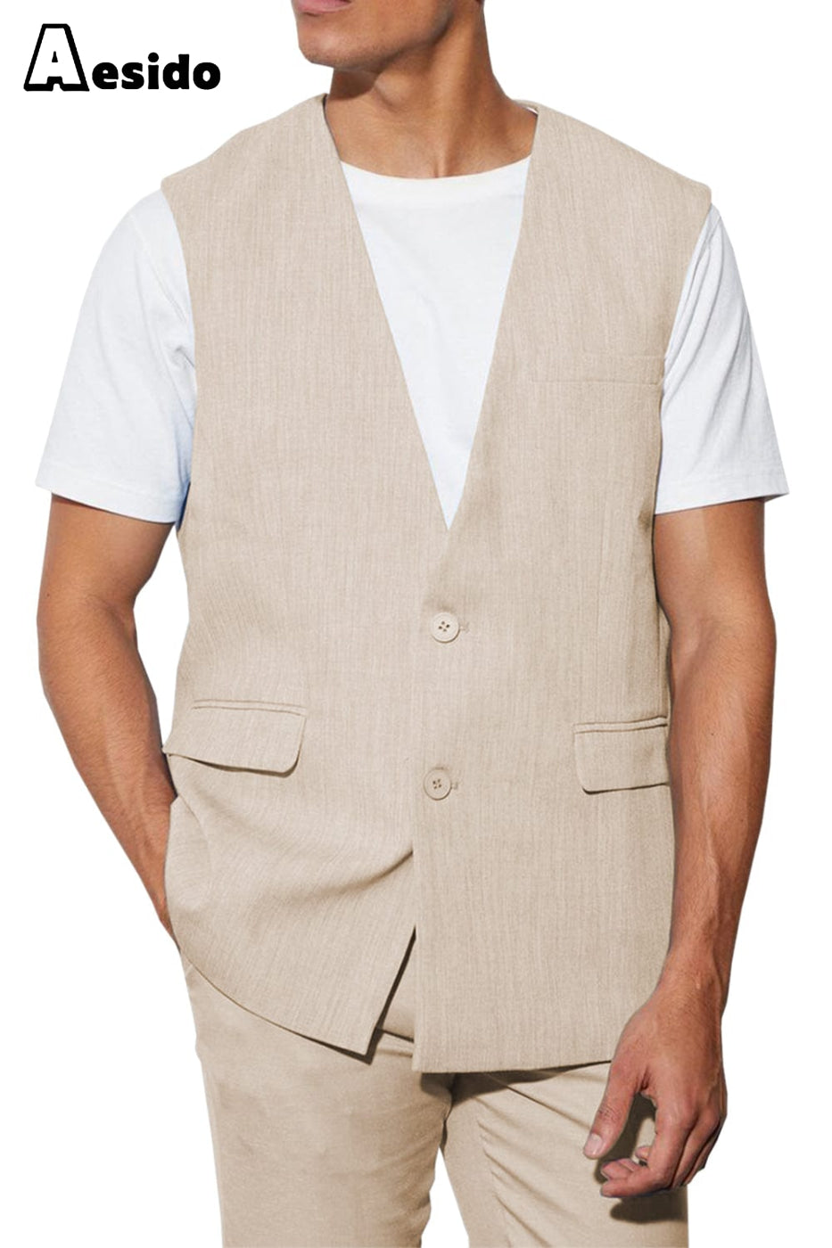 aesido 2 Piece Casual V Neck Double Button Vests (Vest+Pants)