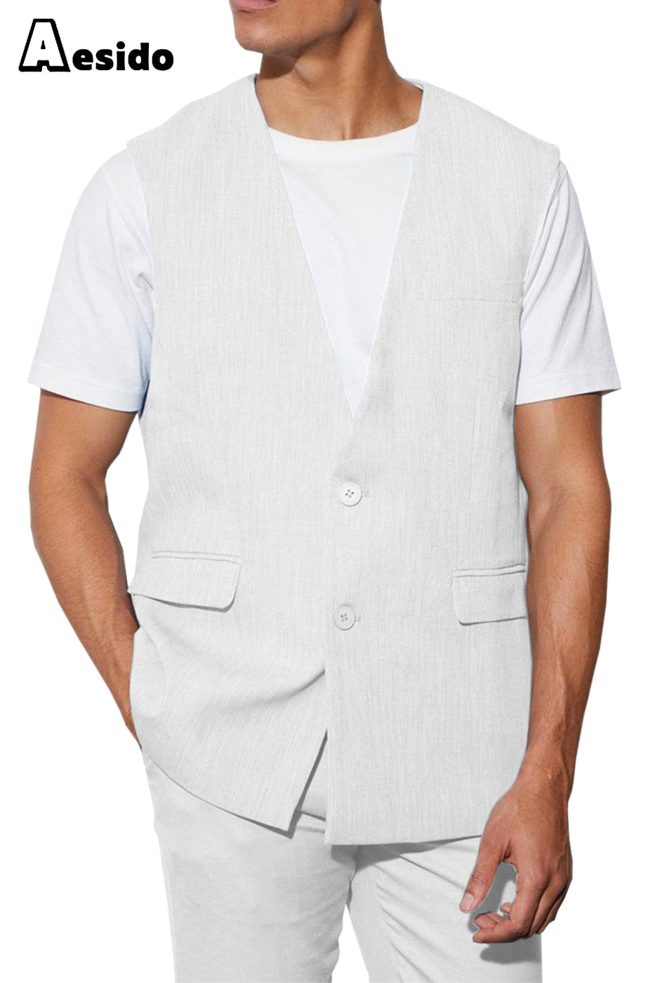 aesido 2 Piece Casual V Neck Double Button Vests (Vest+Pants)