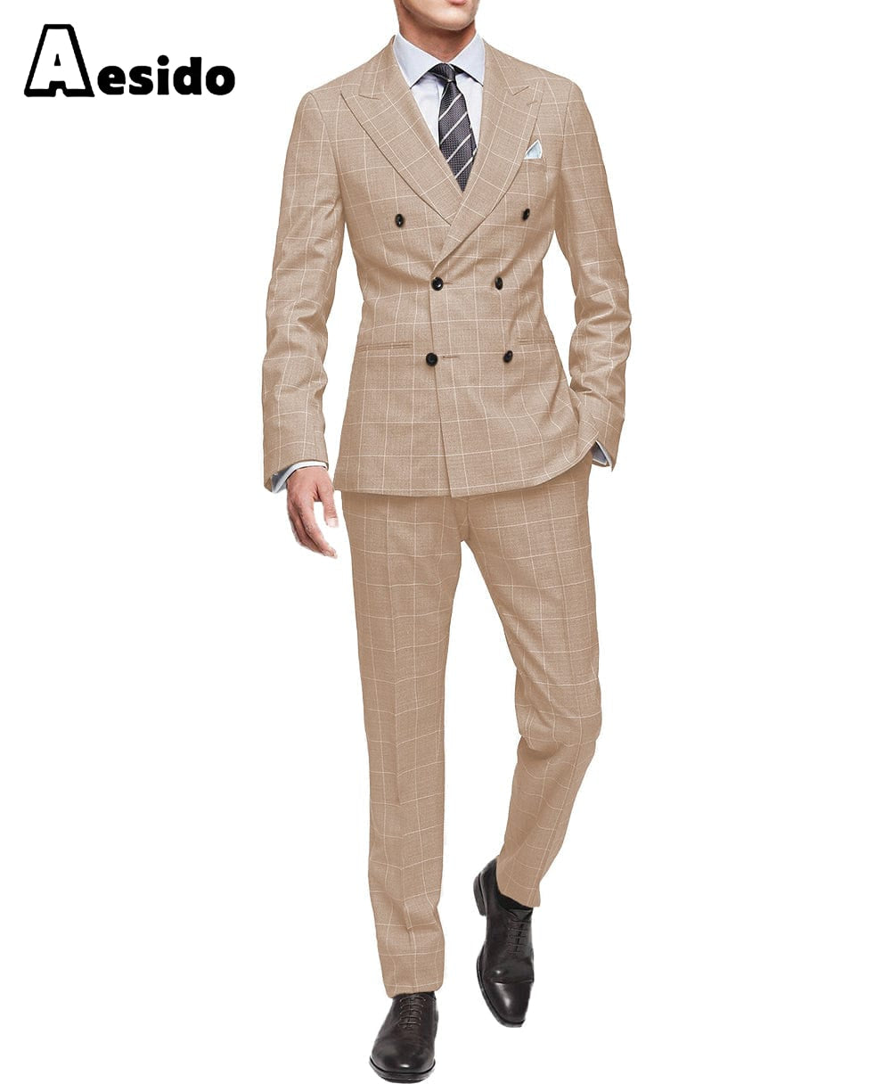 aesido 2 Piece Leisure Peak Lapel Men's Suit（Blazer+Pants）