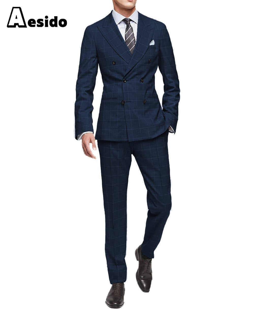 aesido 2 Piece Leisure Peak Lapel Men's Suit（Blazer+Pants）