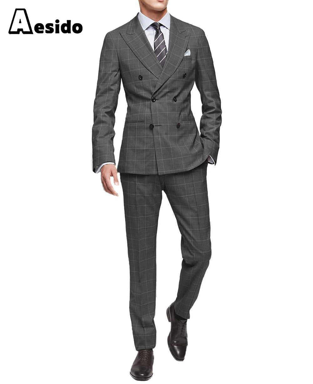 aesido 2 Piece Leisure Peak Lapel Men's Suit（Blazer+Pants）