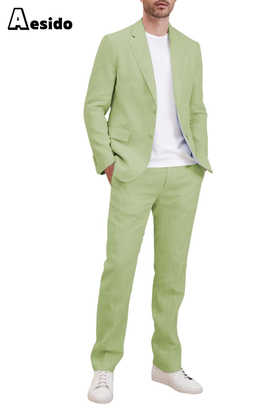 aesido 2 Piece Linen Peak Lapel Men's Suit (Blazer+Pants)