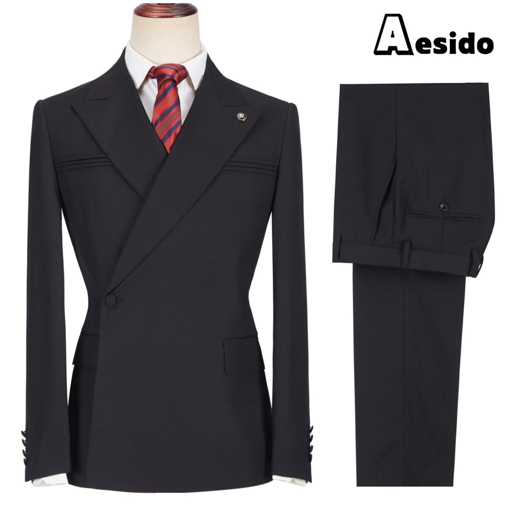 aesido 2 Pieces Business Mens Suit Slim Fit Peak Lapel Flat Blazer For Wedding (Blazer + Pants)