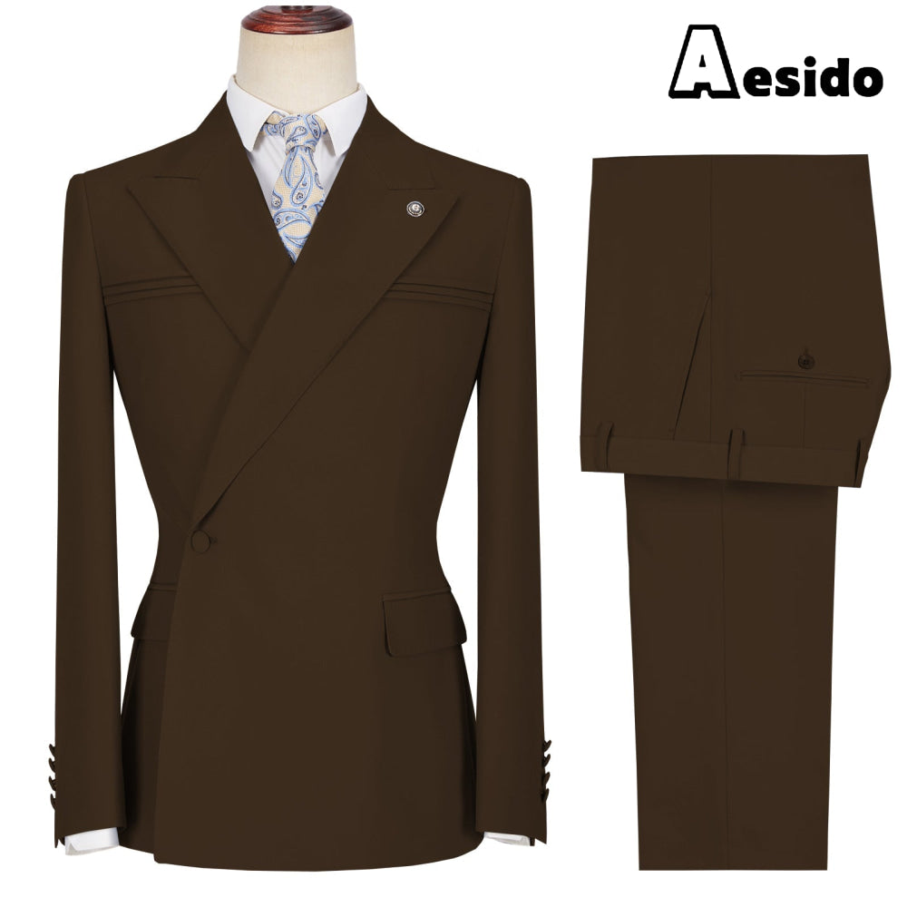 aesido 2 Pieces Business Mens Suit Slim Fit Peak Lapel Flat Blazer For Wedding (Blazer + Pants)