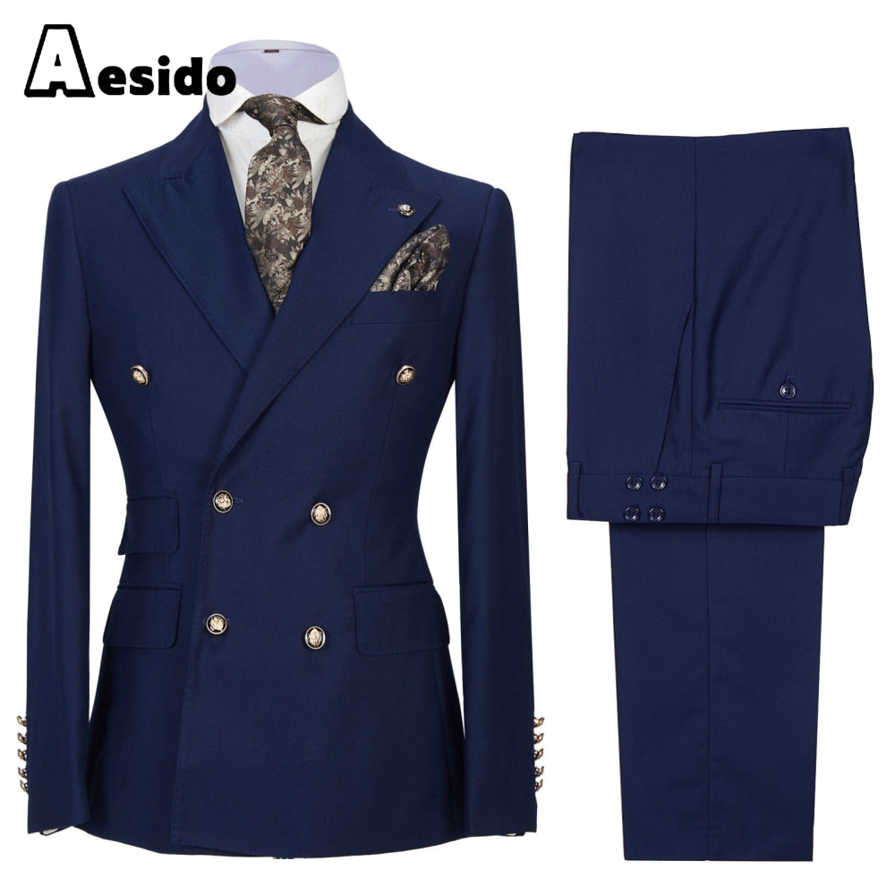 aesido 2 Pieces Business Mens Suit Slim Fit Peak Lapel Flat Blazer For Wedding (Blazer+Pants)