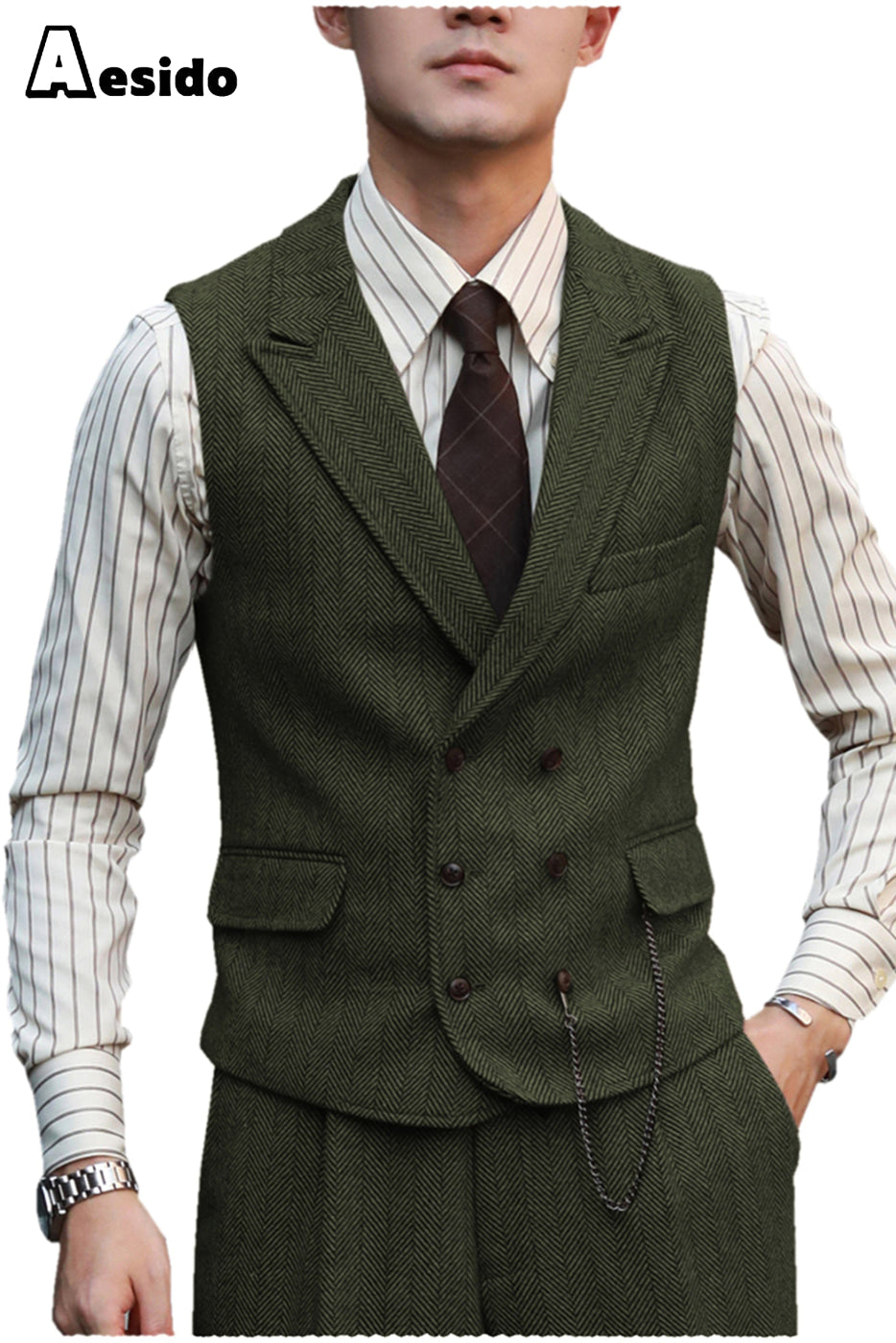 aesido 2 Pieces Double Breasted Peak Lapel Waistcoat （Vest+Pants）