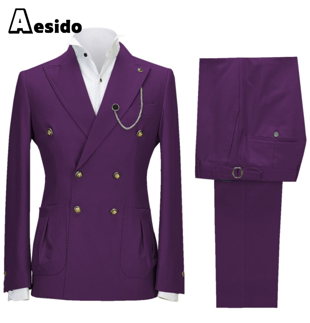 aesido 2 Pieces Double Button Peak Lapel Men Suit（BLazer+Pants）