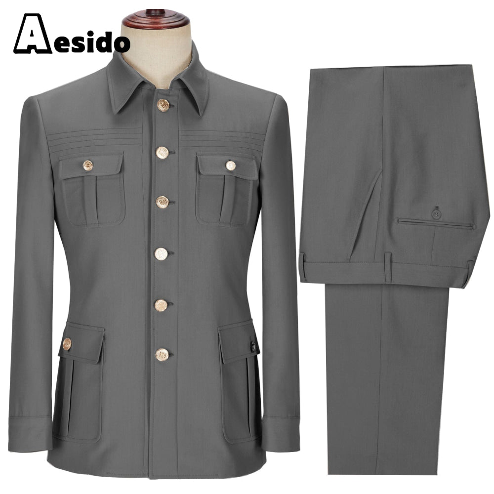 aesido 2 Pieces Mens Suit Slim Fit Flat Stand Collar Blazer For Wedding (Blazer+Pants)