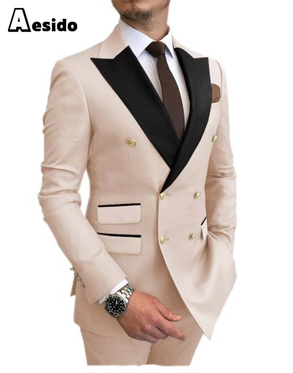 aesido 2 Pieces Mens Suit Slim Fit Peak Lapel Flat Blazer For Wedding (Blazer+Pants)