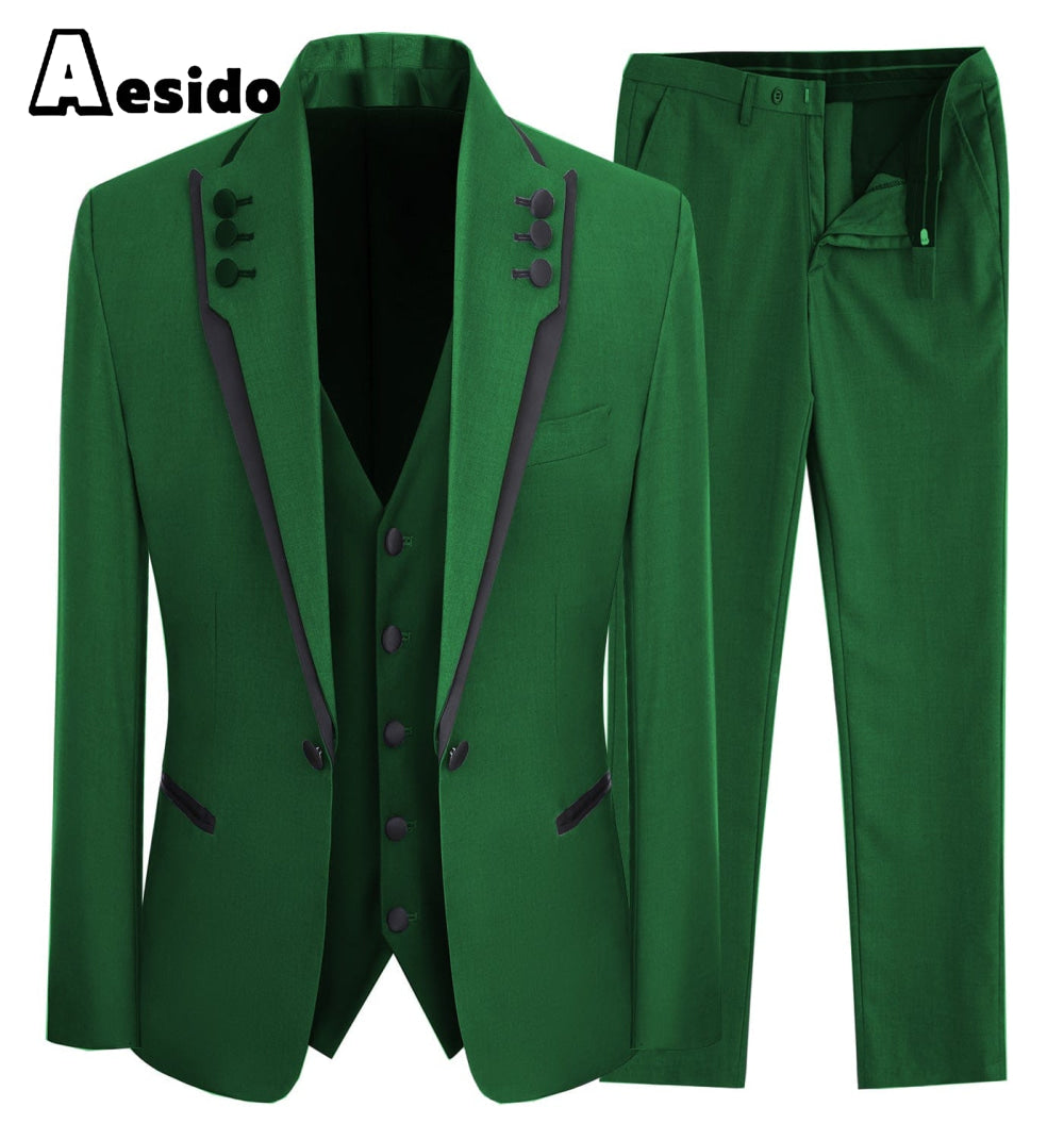 aesido 3 Piece Business Casual Shawl Lapel Men;s Suit (Blazer+Vest+Pants)