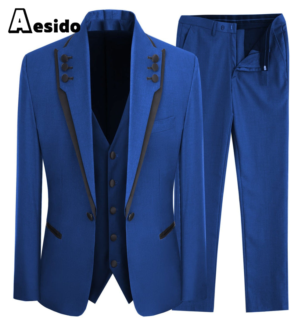 aesido 3 Piece Business Casual Shawl Lapel Men;s Suit (Blazer+Vest+Pants)