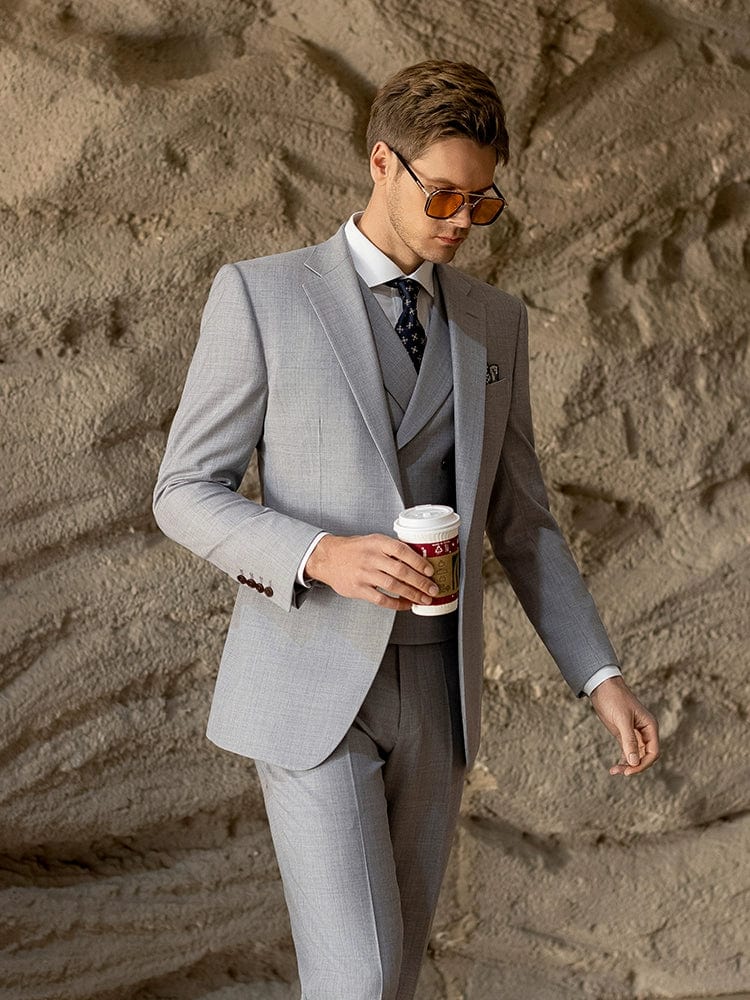 aesido 3 Piece Light Grey Luxury High-End Men's Suit Groom Wedding Slim Fit Business Suit