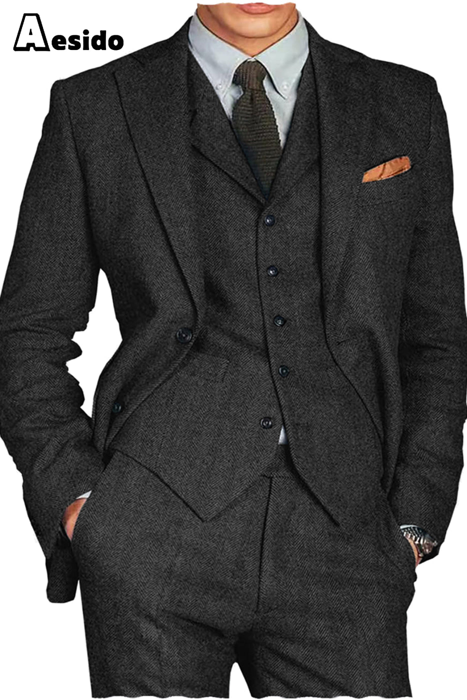 aesido 3 Piece Notch Lapel Men Suit（Blazer+Vest+Pants）