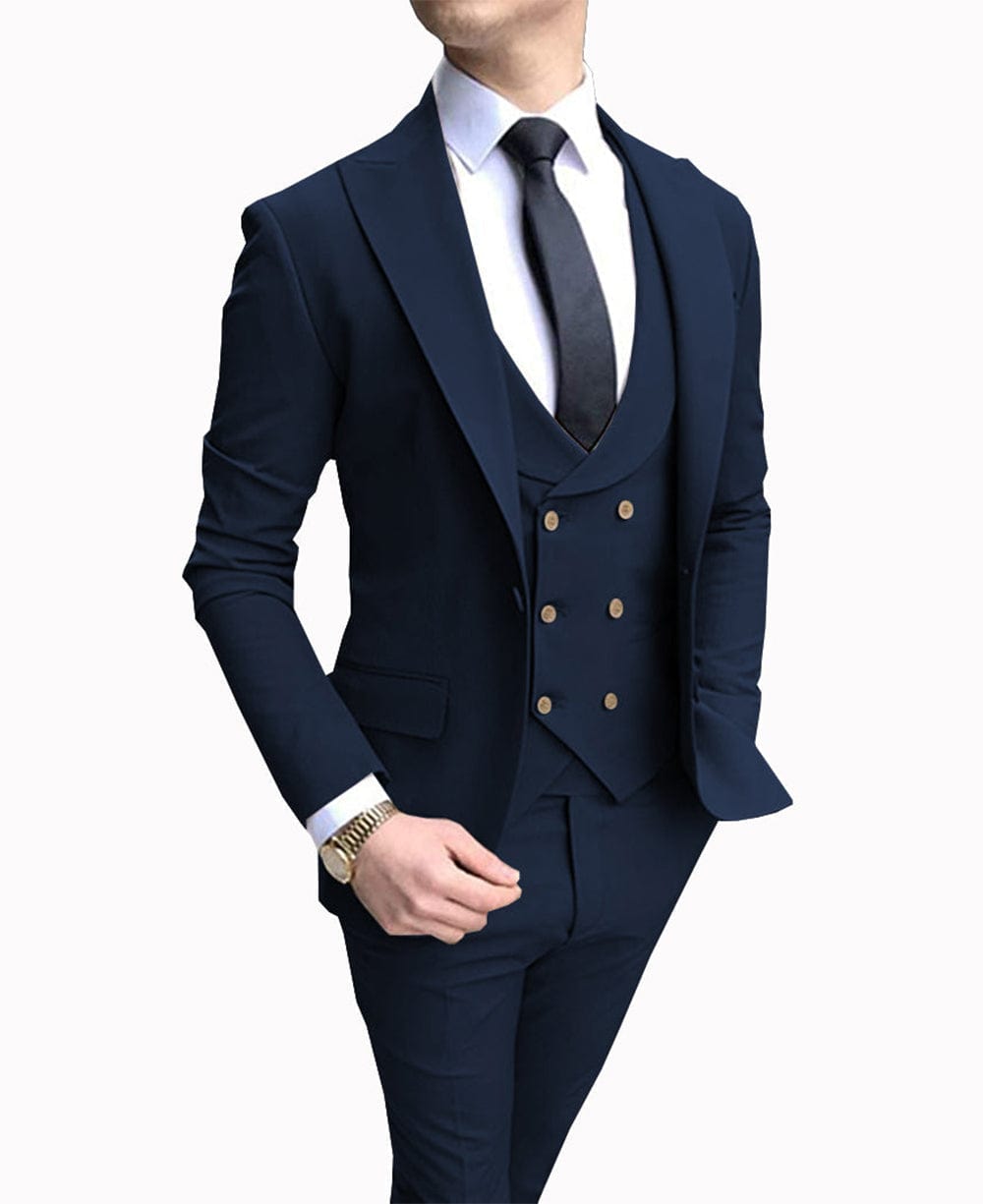 aesido 3 Pieces Business Mens Suit Regular Fit Peak Lapel Flat Blazer For Wedding (Blazer+vest+Pants)