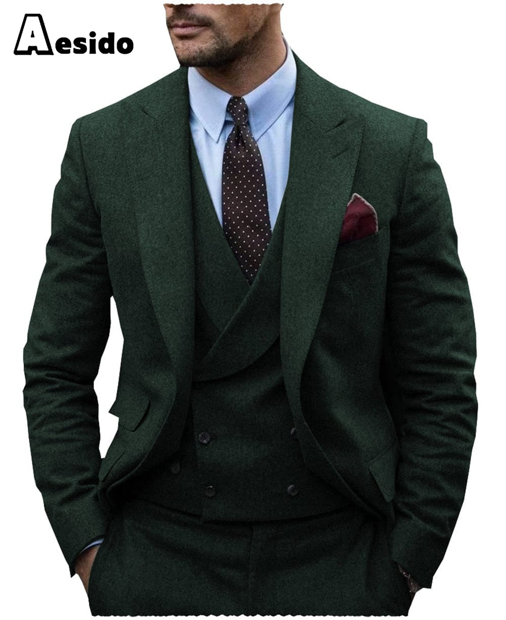 aesido 3 Pieces Mens Herringbone Suit For Wedding (Blazer+Vest+Pants)