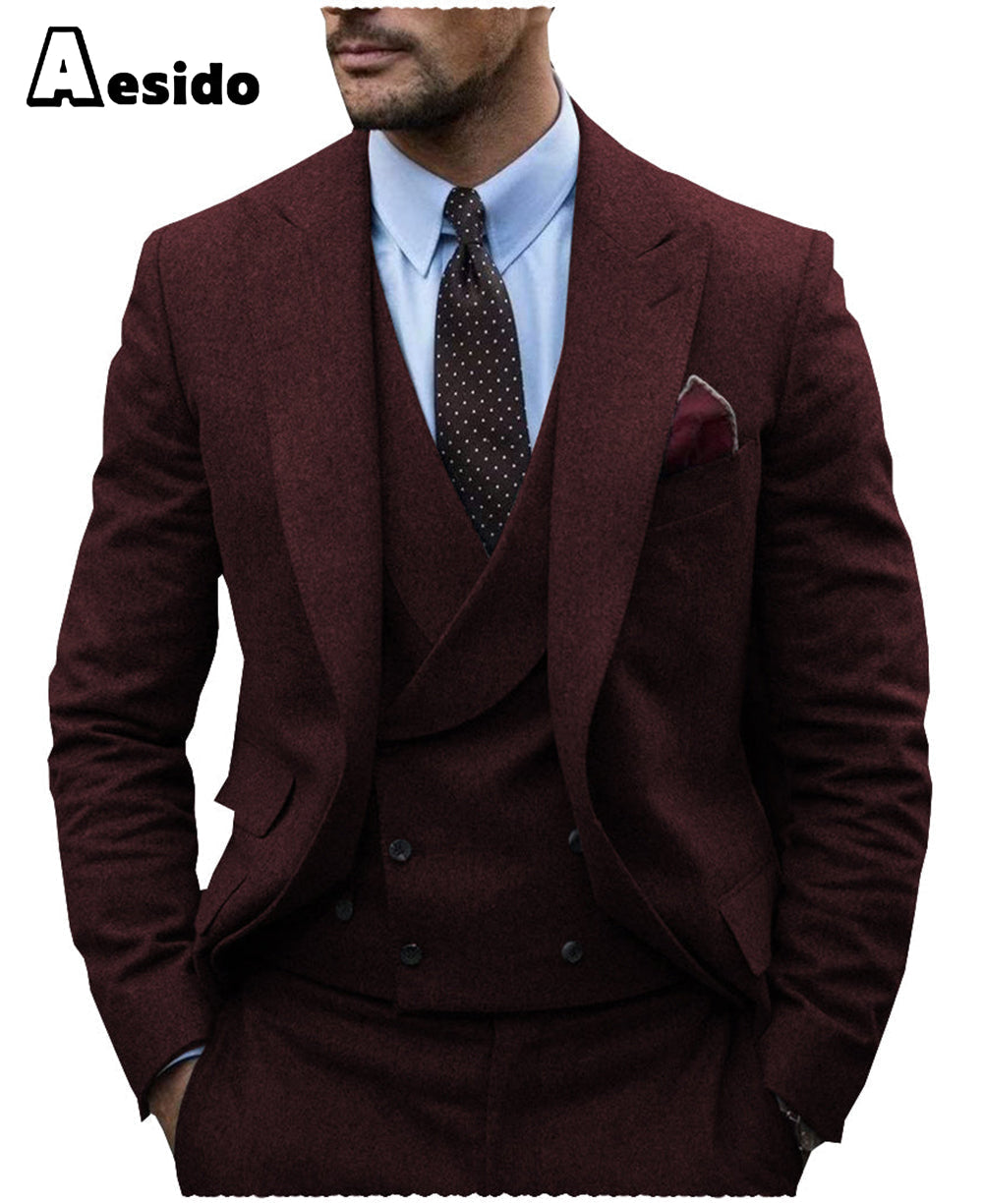 aesido 3 Pieces Mens Herringbone Suit For Wedding (Blazer+Vest+Pants)