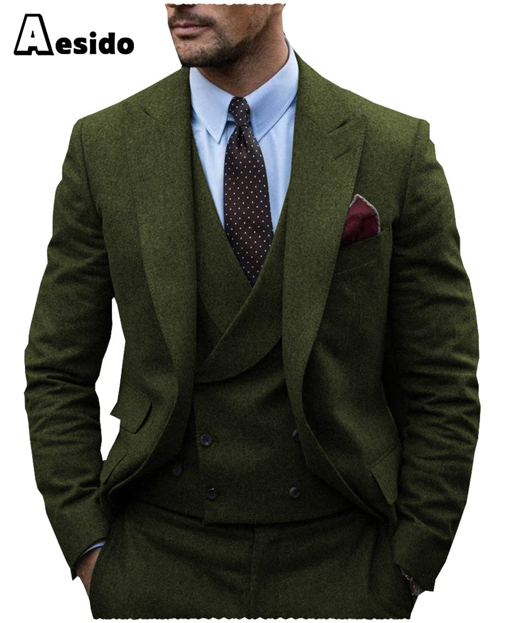 aesido 3 Pieces Mens Herringbone Suit For Wedding (Blazer+Vest+Pants)