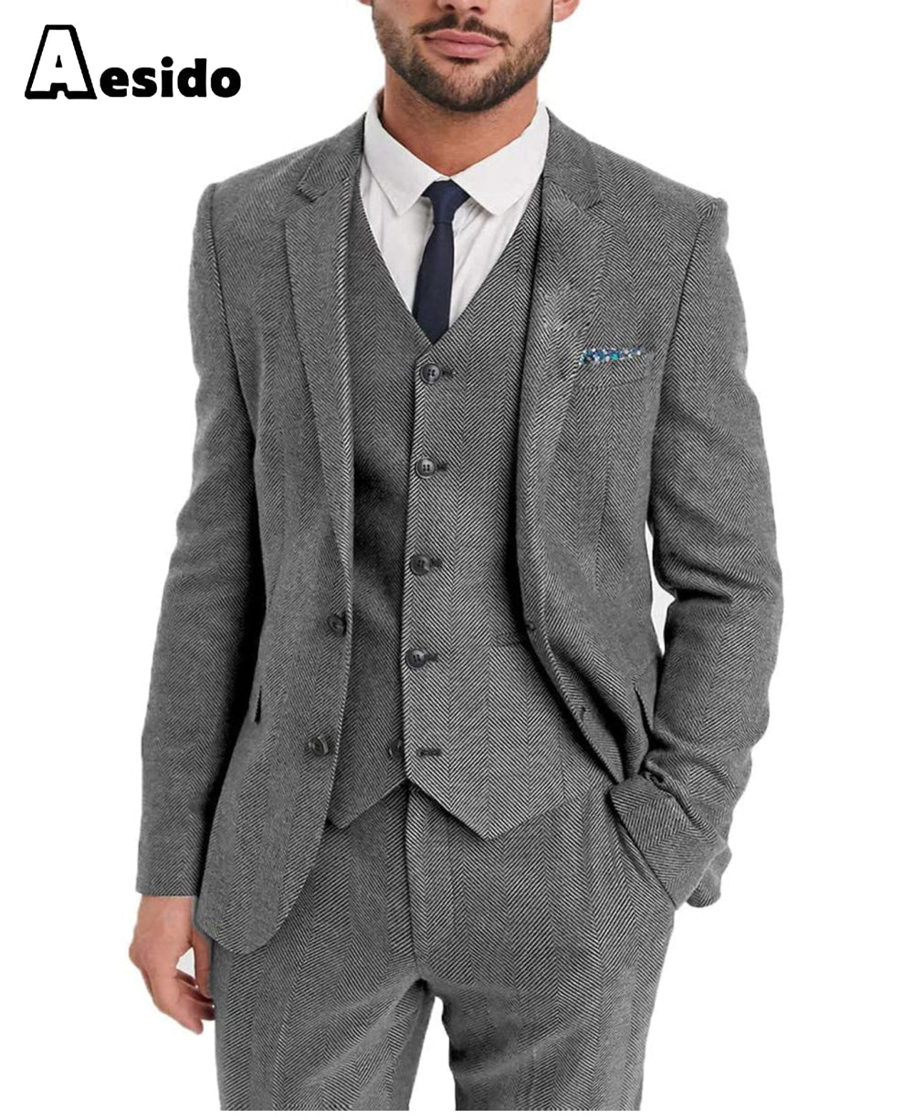 aesido 3 Pieces Mens Suit Herringbone Notch Lapel Blazer For Wedding (Blazer+vest+Pants)