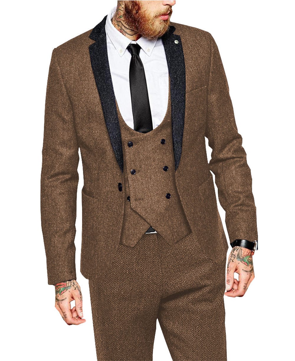 aesido 3 Pieces Mens Suit Herringbone Notch Lapel Blazer For Wedding (Blazer+vest+Pants)