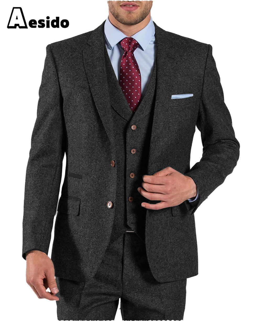 aesido 3 Pieces Peack Lapel Men Suit (Blazer+Vest+Pants)