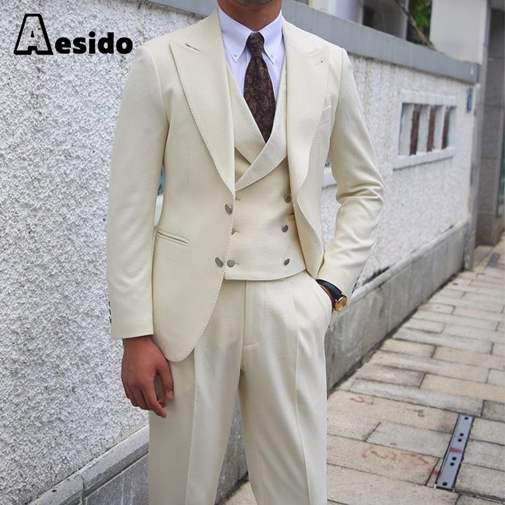 aesido 3 Pieces Peak Lapel Men Suit（Blazer+Vest+Pants）