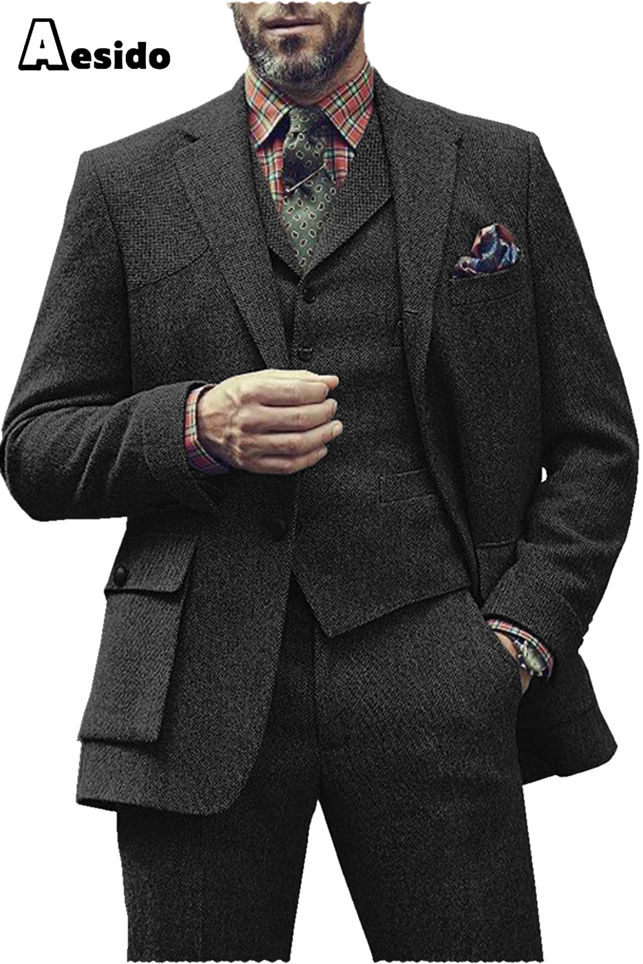 aesido 3 Pieces Single Button Notch Lapel Men Suit