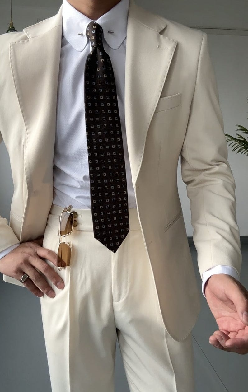 aesido Beige 2 Piece Single Breasted Men Suit Casual Business Slim Elegant Gentleman Wedding Groom Dress