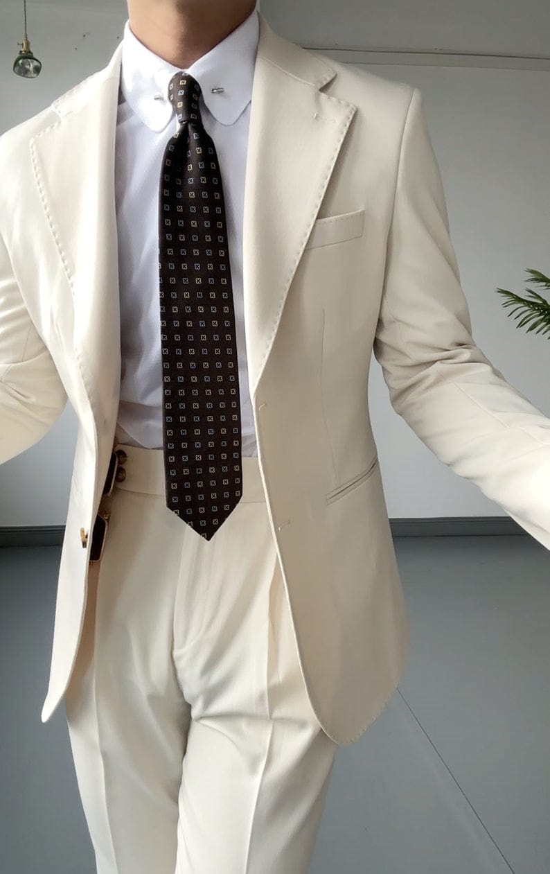 aesido Beige 2 Piece Single Breasted Men Suit Casual Business Slim Elegant Gentleman Wedding Groom Dress