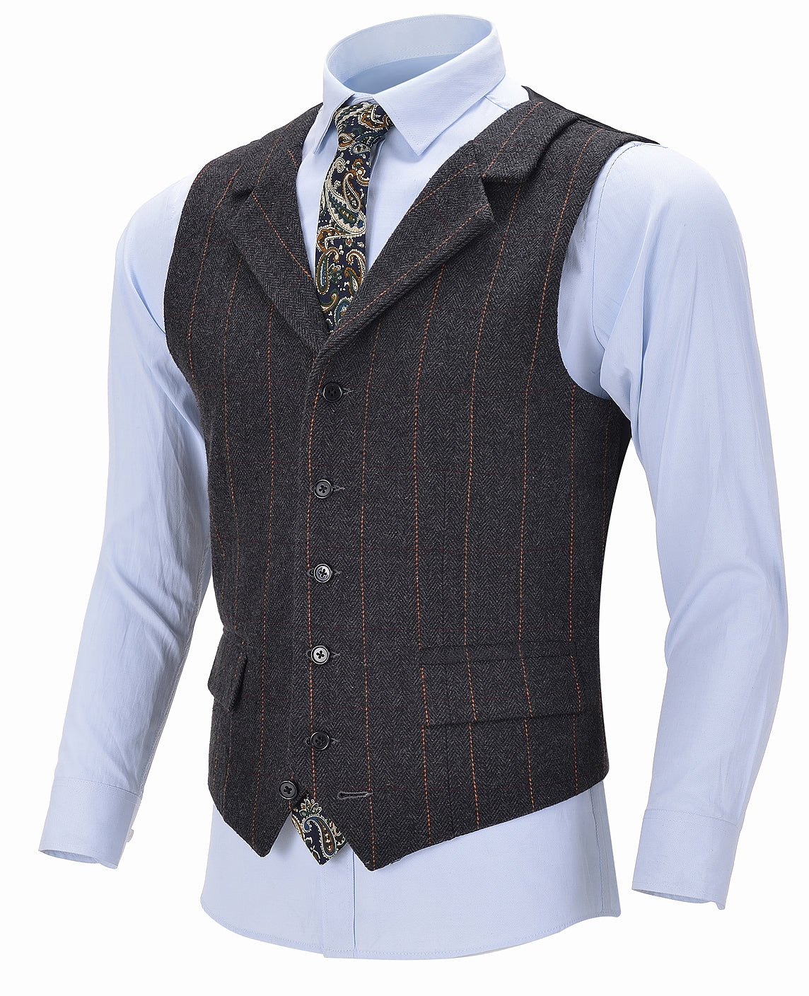 aesido Black Casual Men's Suit Vest Plaid Notch Lapel Waistcoat