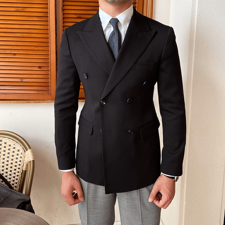 aesido Black Double Breasted Solid Color Slim Fit Men's Blazer