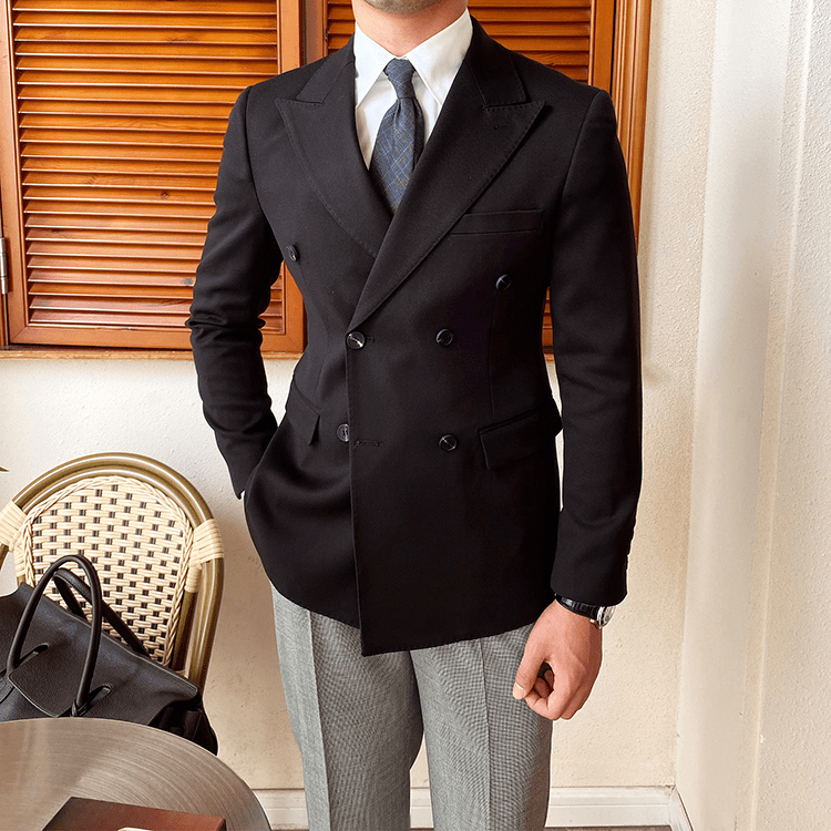 aesido Black Double Breasted Solid Color Slim Fit Men's Blazer