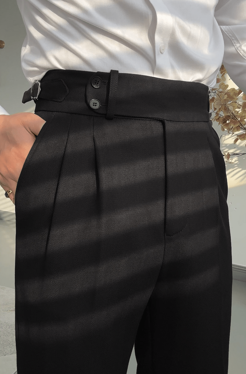 aesido Black High Waist Casual Business Slim Fit Tweed Men's Trousers