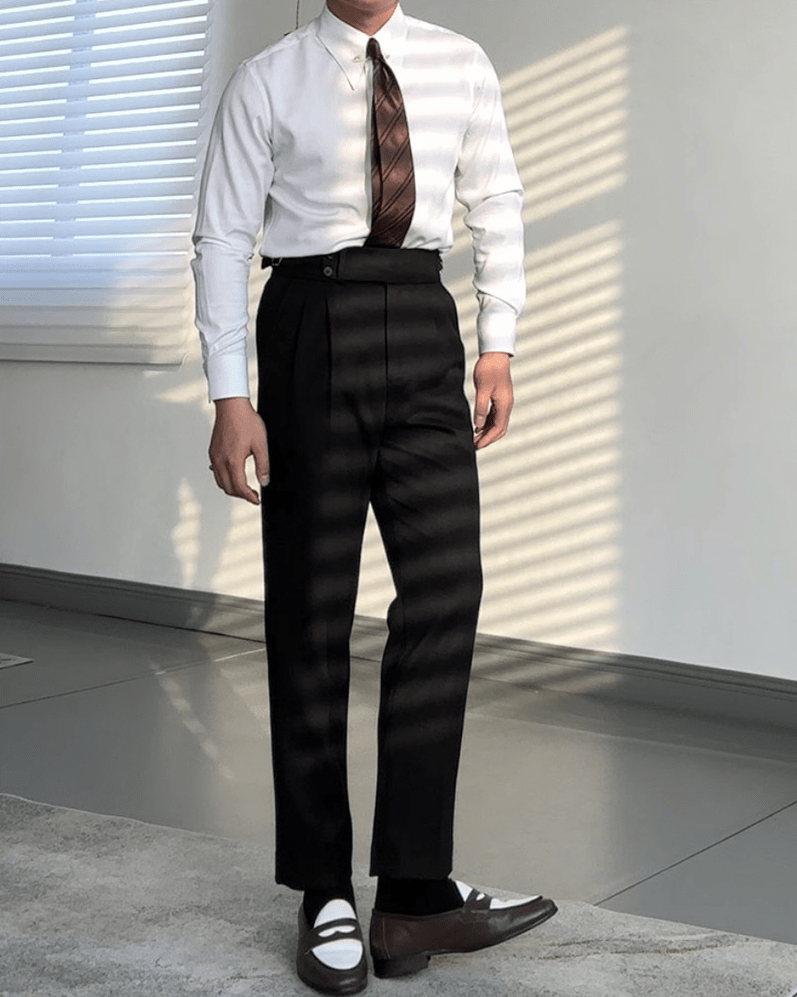 aesido Black High Waist Casual Business Slim Fit Tweed Men's Trousers