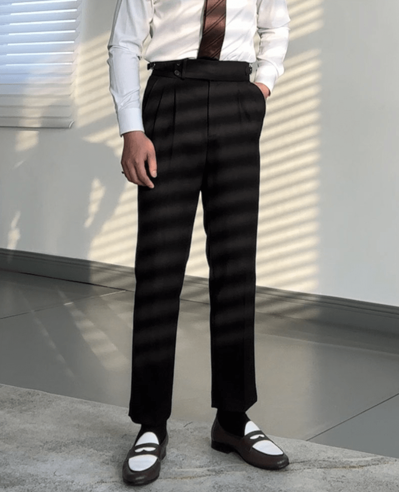 aesido Black High Waist Casual Business Slim Fit Tweed Men's Trousers