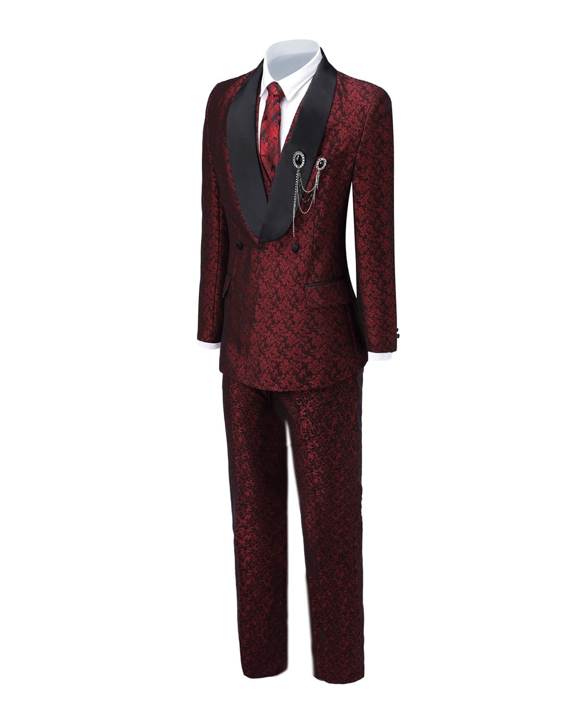 aesido Burgundy Patterned Shawl Lapel 3 Pieces Mens Suit Tuxedos (Blazer+vest+Pants)