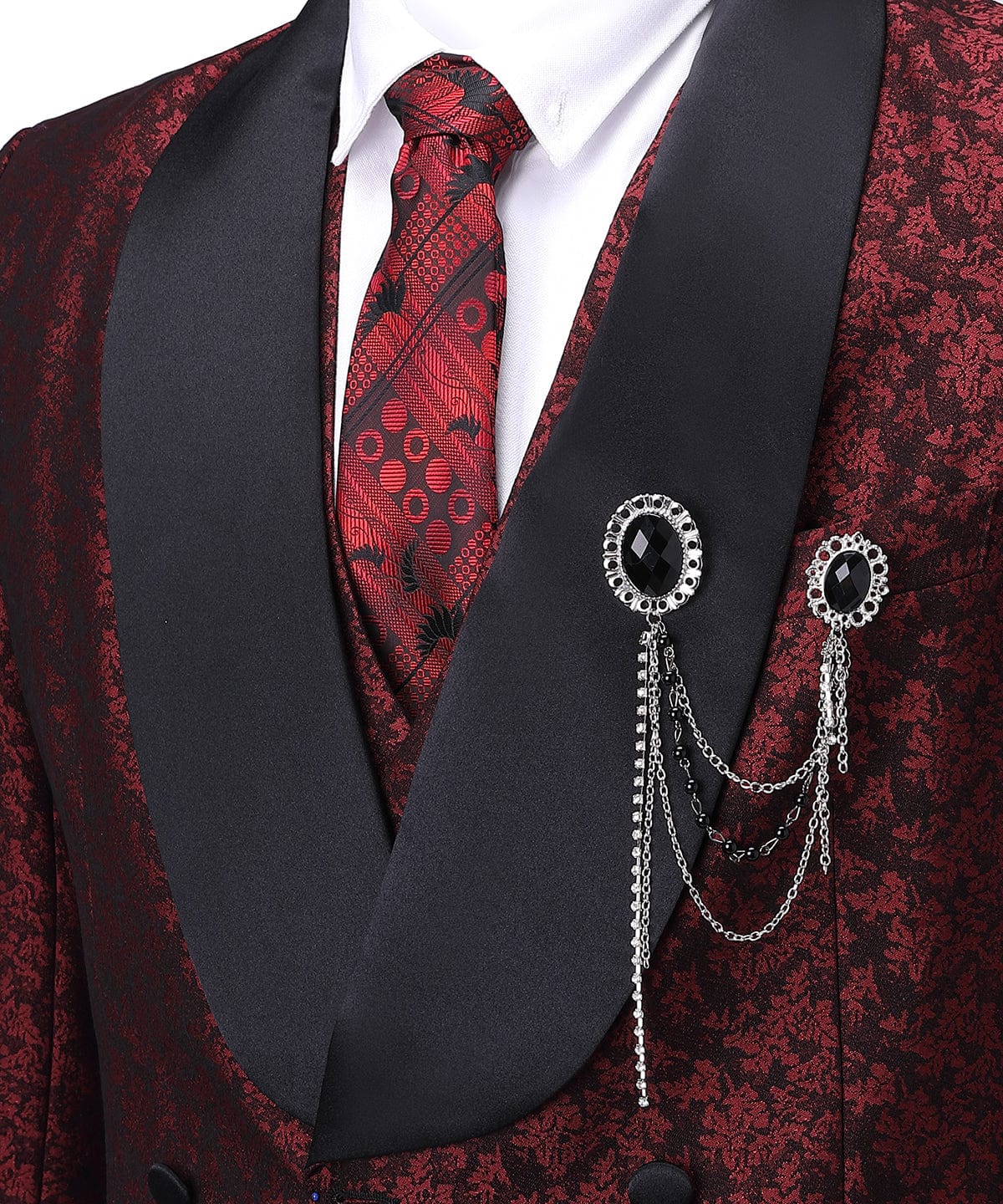 aesido Burgundy Patterned Shawl Lapel 3 Pieces Mens Suit Tuxedos (Blazer+vest+Pants)