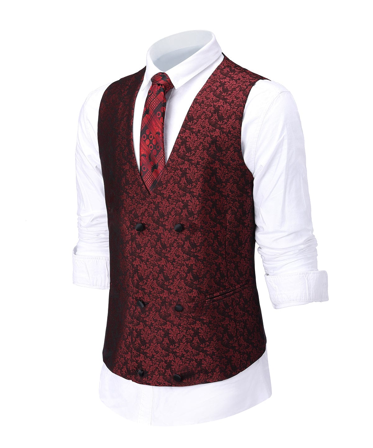 aesido Burgundy Patterned Shawl Lapel 3 Pieces Mens Suit Tuxedos (Blazer+vest+Pants)