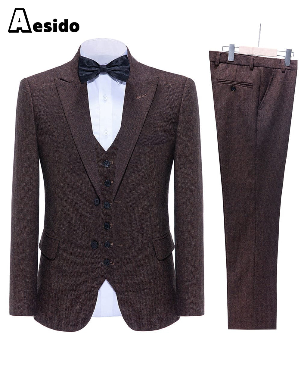 aesido Business Double Buttons Peak Lapel Men Suit（Blazer+Vest+Pants）