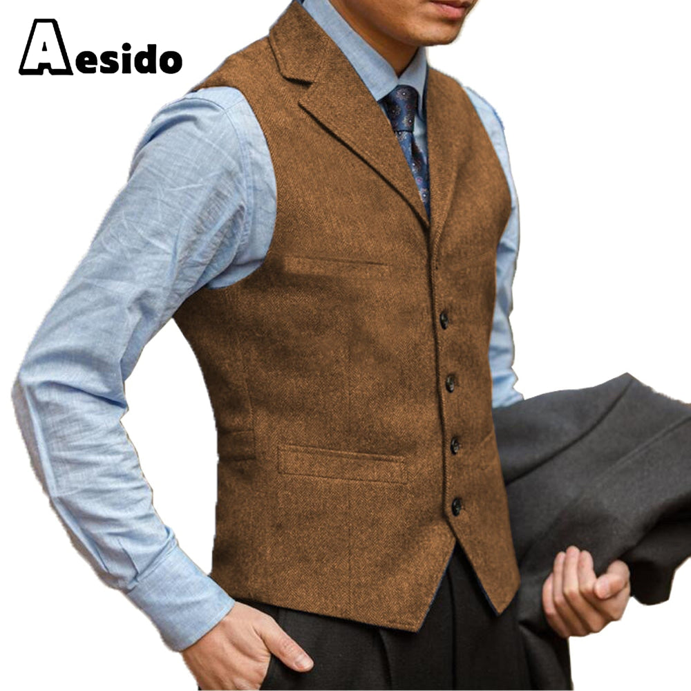 aesido Business Men's Suit Vest Herringbone Notch Lapel Waistcoat