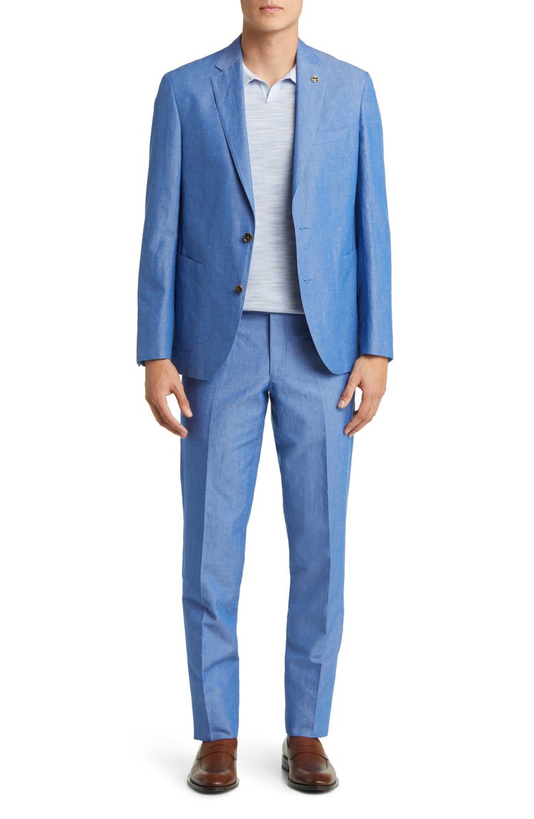 aesido Casual 2 Piece Blue Linen Double Button Men's Suit (Blazer+Pants）