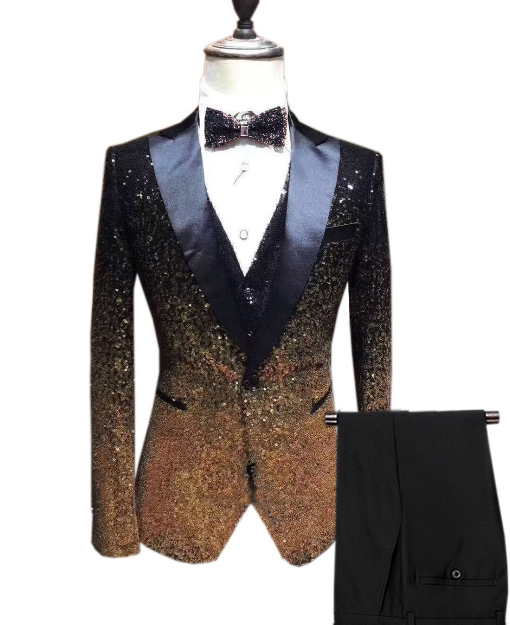 aesido Fashion Gradient Sequined Tuxedo Peak lapel Men's Suit (Blazer + Vest + Pants)