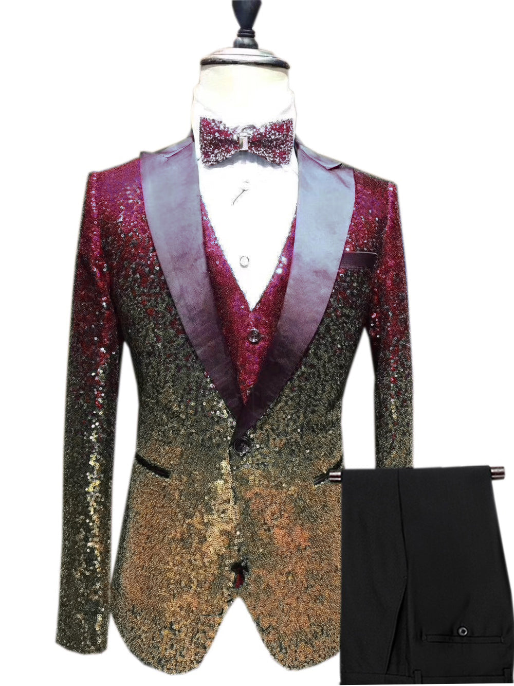 aesido Fashion Gradient Sequined Tuxedo Peak lapel Men's Suit (Blazer + Vest + Pants)