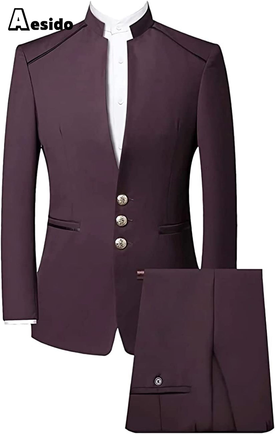 aesido Fashion stand collar men's two piece suit/China Costume (Blazer + Pants)