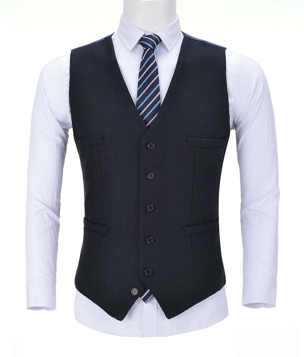 aesido Formal Black Herringbone  V Neck Waistcoat